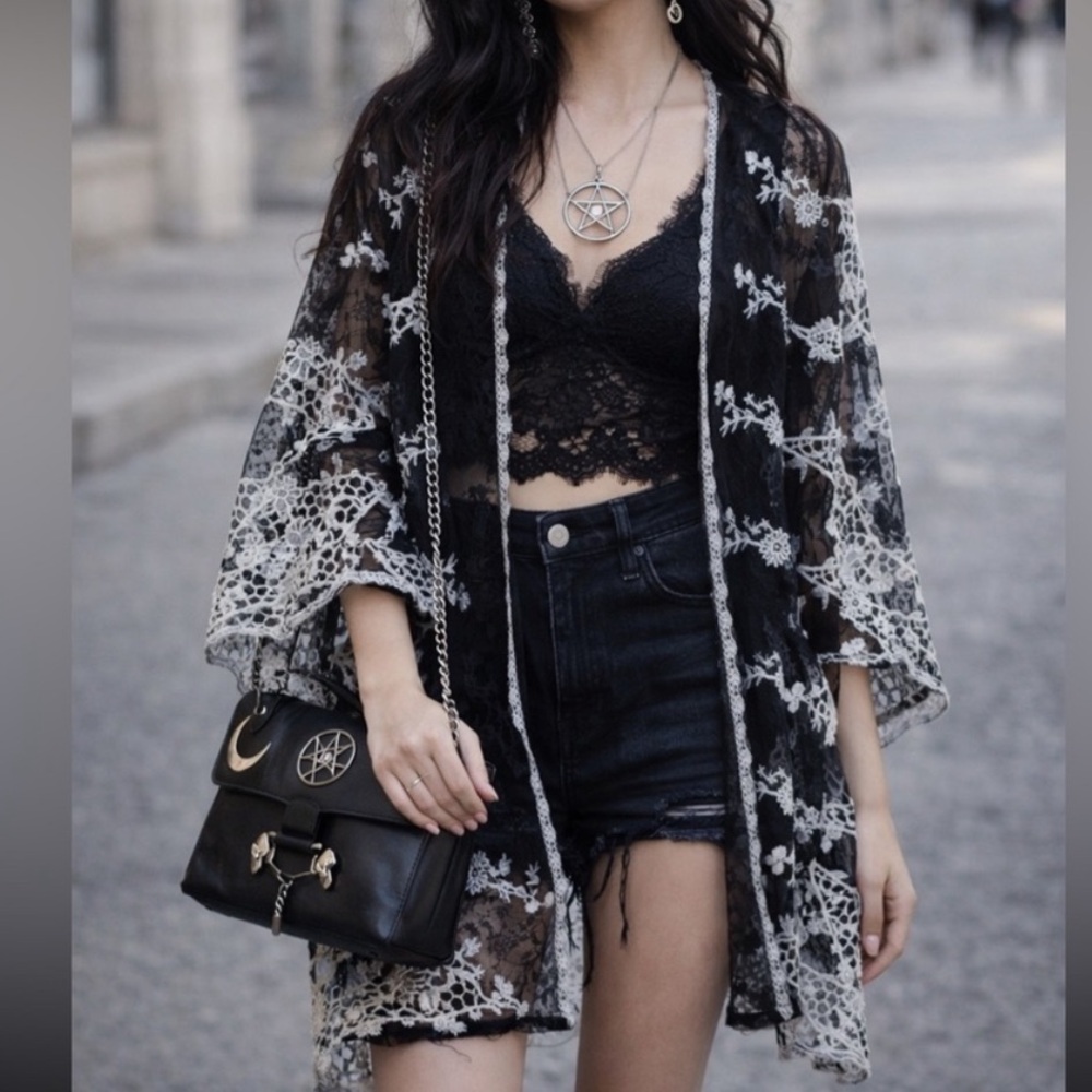 Bohemian Goth Embroidered Kimono Jacket Sensual Sheer  S/M